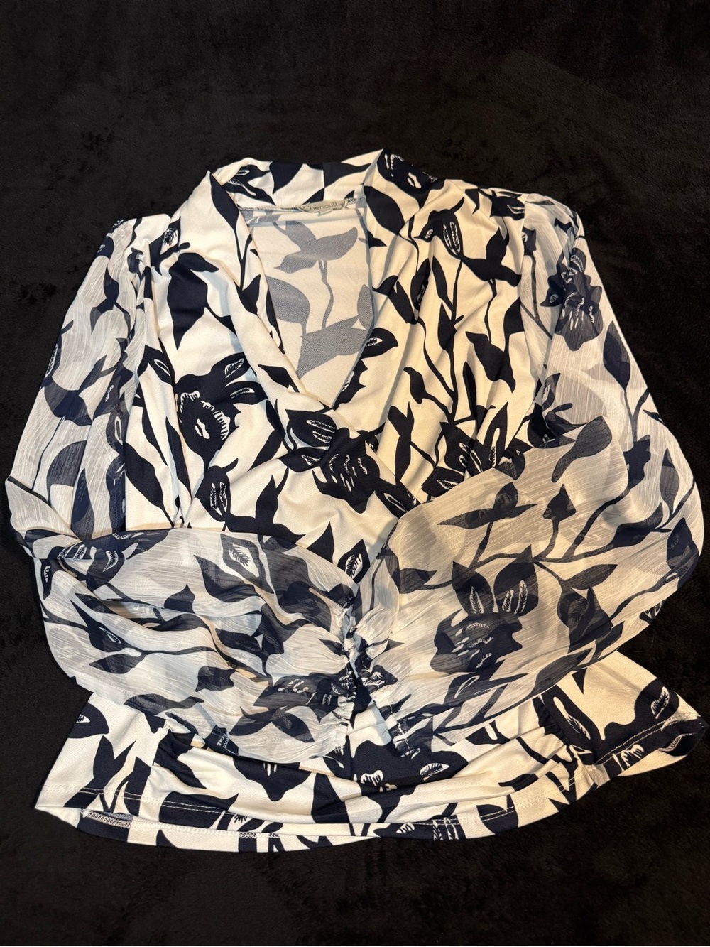 Chenault Navy and White Floral Ruched Wrap Blouse